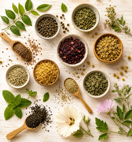 Ingredientes naturais como ervas secas e sementes aromáticas espalhadas de forma organizada sobre uma tábua de madeira rústica