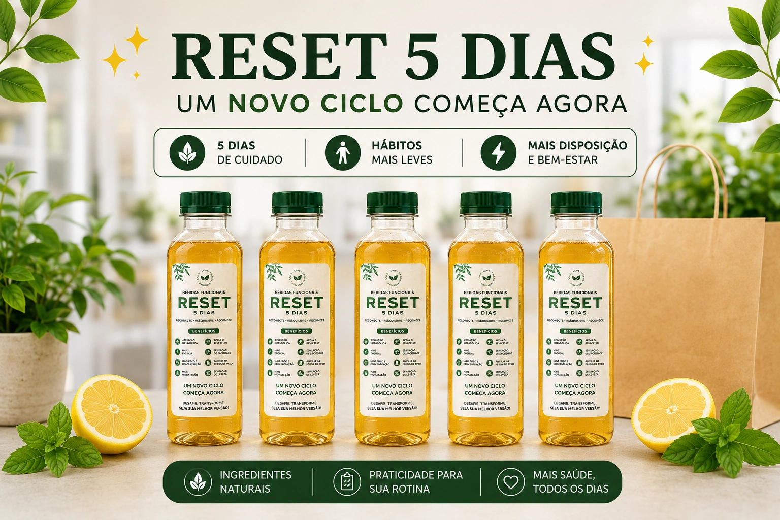 quantidade de garrafas que vai receber no kit reset 5 dias
