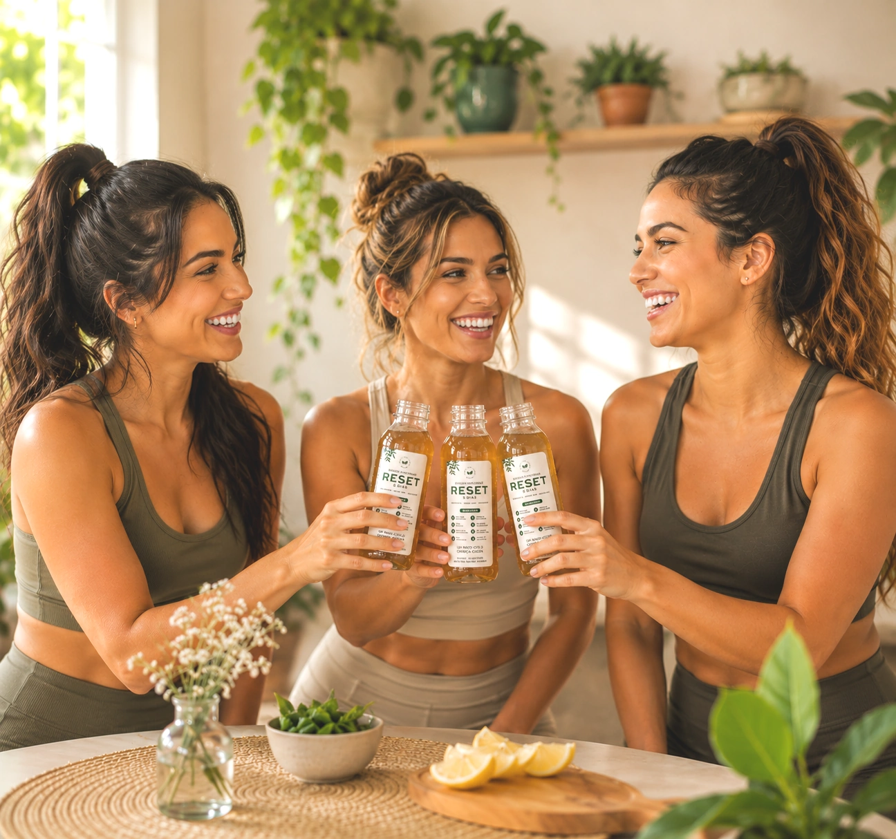 Duas amigas sorrindo e conversando em um ambiente iluminado enquanto seguram e bebem suas garrafinhas do Kit Reset